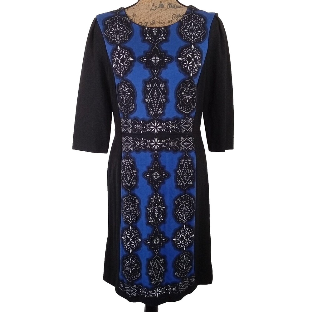 Adrianna Papell 12 Dress Black Blue Floral Geo Panel Slimming Stretch Midi Zip